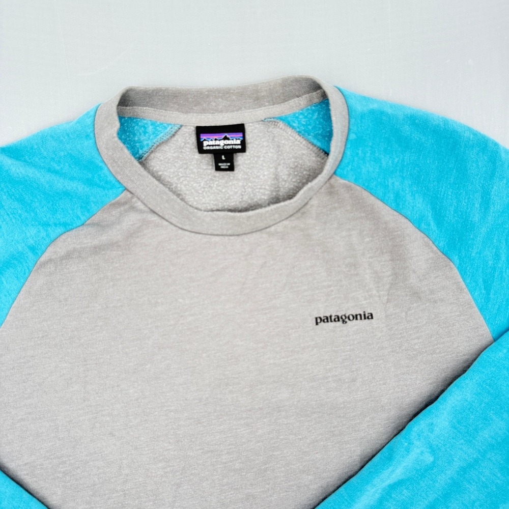 Patagonia Mens Grey Turquoise Blue Raglan Logo Crewneck Sweatshirt Large L - Picture 2 of 8